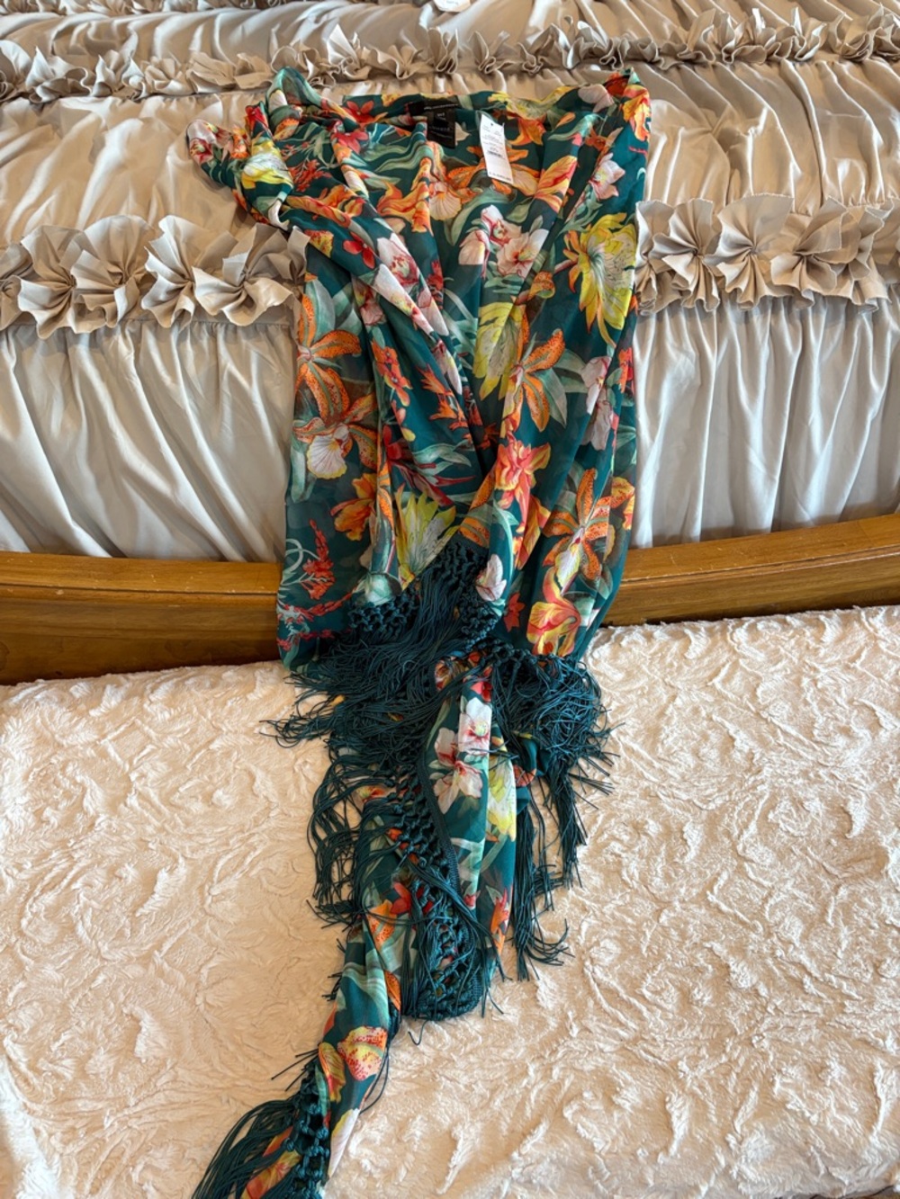 White House Black Market Teal Floral Fringe Wrap